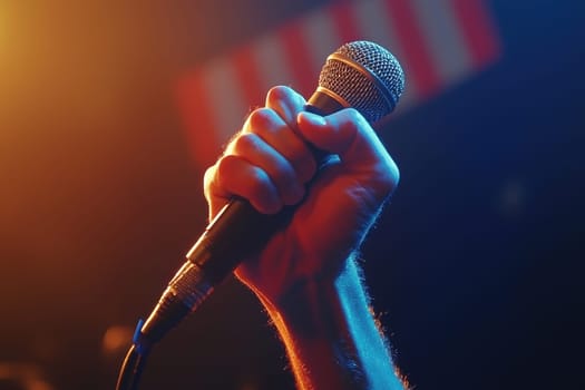 A microphone is held up by a person's hand. The microphone is black and silver. The person is holding the microphone in a way that makes it look like they are singing