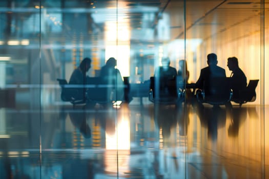A group of people are sitting in a conference room with a glass wall. The room is dimly lit and the people are all wearing suits. The atmosphere is serious and focused