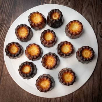 Caneles de bordeaux, traditional French sweet dessert with white table background, High quality photo