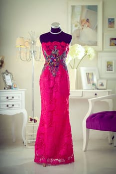 Magnificent beautiful dress fitted in mannequin, fashion and fashionable dress design for wedding and party good for fashion magazine and multimedia digital content creation