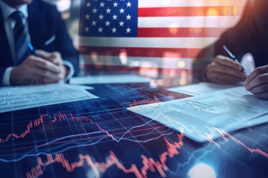 Two business professionals participate in an investment roundtable, analyzing documents on a table overlaid with financial graphs, set against an American flag.