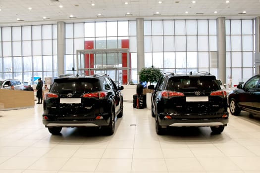 Kazan, Russia - November 25, 2022: Cars in showroom of dealership Toyota in Kazan in Russia