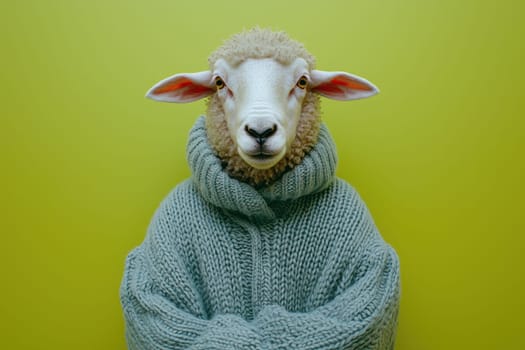 A whimsical sheep donning a soft blue sweater poses against a vibrant green backdrop, combining humor and fashion in a playful, eye-catching portrait.
