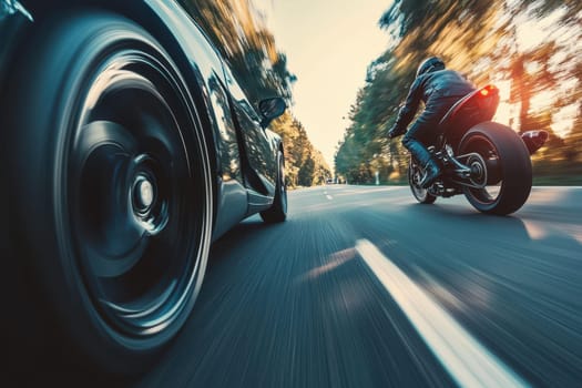 A thrilling scene capturing a motorcycle and sports car speeding along a scenic road, showcasing the excitement and power of high-performance vehicles in motion.