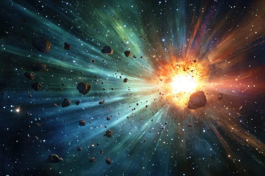 A surreal cosmic scene showcasing a vibrant explosion in space. Intense yellow, orange, and red tones burst with energy amidst a backdrop of deep greens and blues, featuring asteroids and stars.