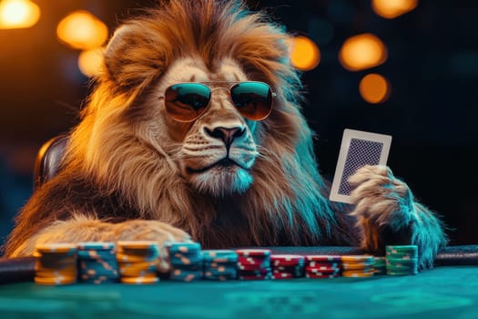 A dapper lion wearing sunglasses sits confidently at a poker table, holding a playing card. The scene is vibrant and filled with casino energy, highlighting the playful nature of this unique character.