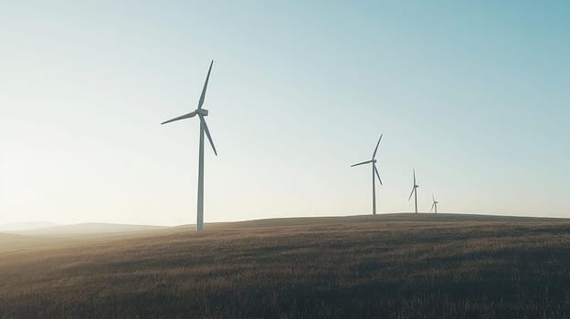 Tall wind turbines rotate gently on a grassy hillside under a clear sky during sunset, showcasing renewable energy in action in a serene landscape.