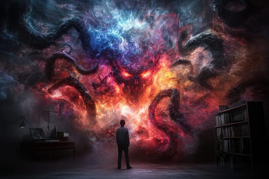 A surreal dark digital collage showcasing a vivid tentacled creature emerging from vibrant colors, evoking deep emotions and imaginative thoughts.