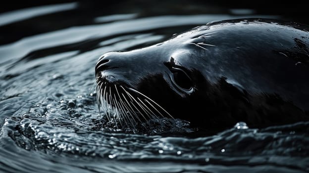 A seal surfaces in calm, dark water, its whiskered face breaking the surface as it gazes curiously. The tranquil reflections enhance the peaceful atmosphere of the surrounding habitat.