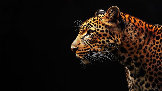 This captivating close-up captures a leopard in profile, highlighting its beautiful fur patterns and intense gaze. The dark background enhances the striking contrast of its features.