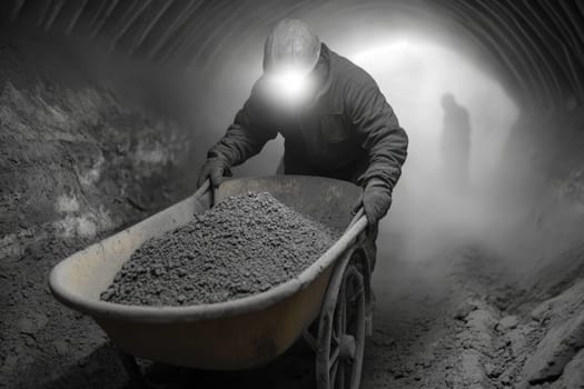 Strength in labor: a miner working deep underground navigating the rugged terrain with determination highlighting the resilience and dedication of individuals in the mining industry
