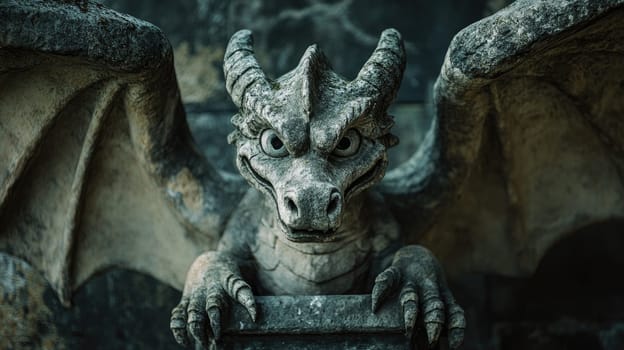 A detailed stone dragon sculpture sits on a ledge, showcasing intricate features and outstretched wings. Sunlight highlights its fierce expression at a historical location.