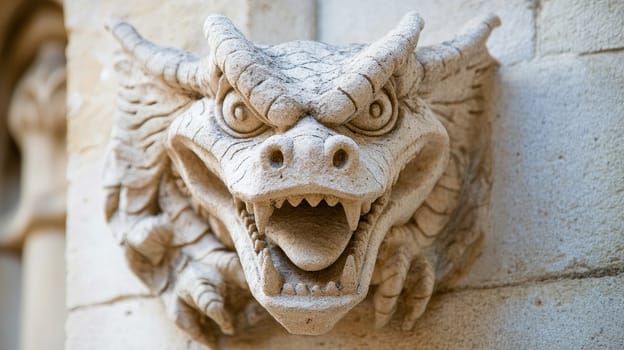 A detailed stone carving of a dragon gargoyle, featuring fierce expressions and sharp teeth, is mounted on an ancient building. The sunlight highlights its craftsmanship against a stone backdrop.