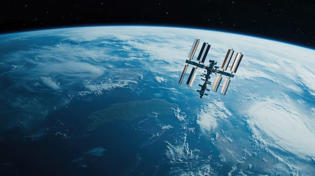 The International Space Station floats above Earth, offering a breathtaking view of the planet's surface, including clouds and oceans, against the backdrop of infinite space.