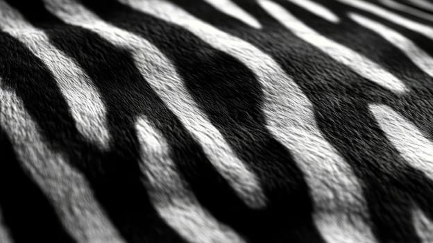 The striking black and white stripes of a zebra are prominently displayed, highlighting the intricate patterns that differentiate each individual. The textures create a visually captivating portrayal.