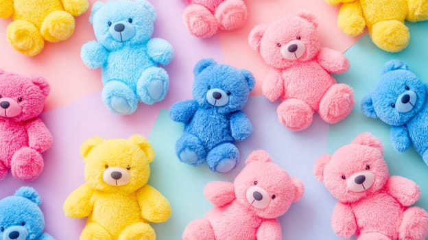 Colorful teddy bears arranged on a vibrant pastel background, evoking a sense of joy and childhood nostalgia