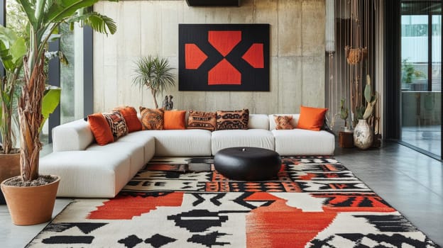 This living space features a large, multi-colored sofa adorned with various cushions, a round coffee table, and a striking rug, creating a warm and welcoming atmosphere for relaxation.