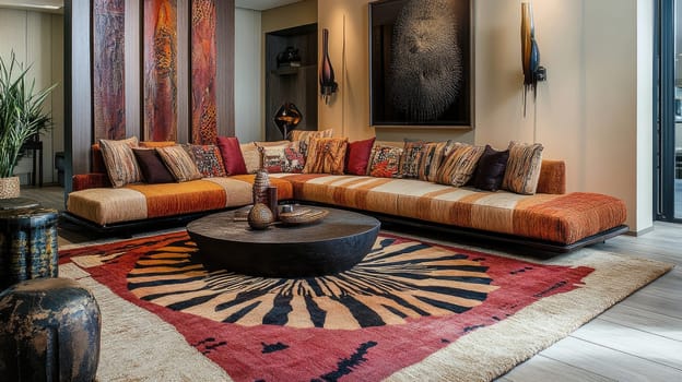 This living space features a large, multi-colored sofa adorned with various cushions, a round coffee table, and a striking rug, creating a warm and welcoming atmosphere for relaxation.