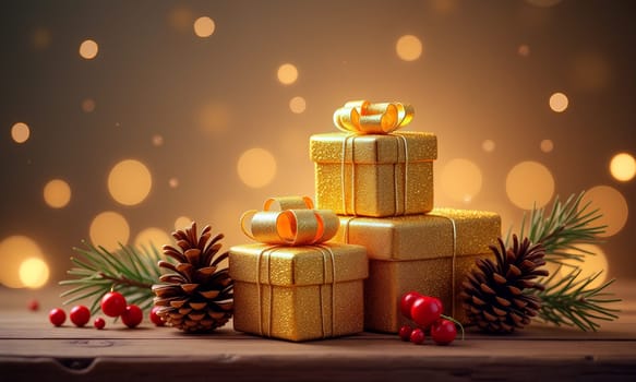 Three shimmering golden gift boxes sit among pine cones and berries, illuminated by soft, warm bokeh lights, perfect for winter festivities - Generative AI
