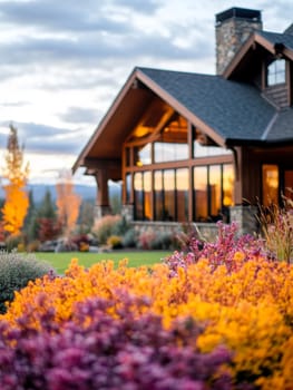 A stunning garden in full autumn bloom with vibrant colors, set against a backdrop of a cozy home at dusk.