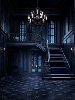 A majestic staircase in a dimly lit mansion adorned with an ornate chandelier and elegant decor.