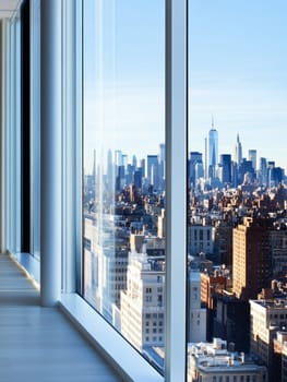 A stunning city skyline view from a modern office space with floor to ceiling windows.