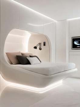 A sleek, futuristic bedroom with modern lighting and minimalist design, ideal for contemporary living spaces.
