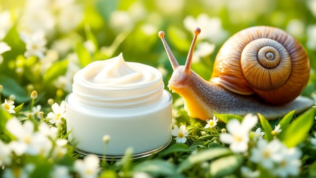 Snail slime cream jar and snail on meadow. Natural cosmetics with mucin.