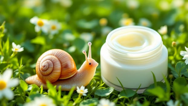 Snail slime cream jar and snail on meadow. Natural cosmetics with mucin.
