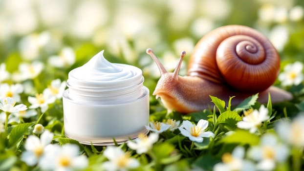 Snail slime cream jar and snail on meadow. Natural cosmetics with mucin.