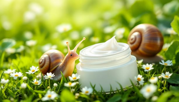 Snail slime cream jar and snail on meadow. Natural cosmetics with mucin.