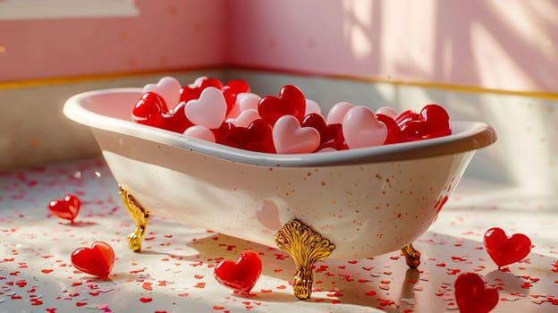 A bathtub full of heart-shaped balloons and confetti; Valentine's Day atmosphere.