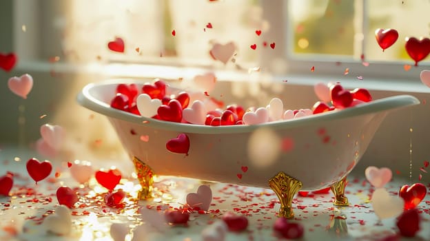 A bathtub full of heart-shaped balloons and confetti; Valentine's Day atmosphere.