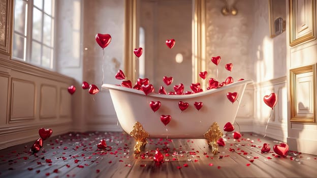 A bathtub full of heart-shaped balloons and confetti; Valentine's Day atmosphere.
