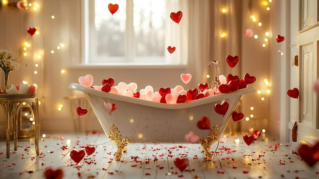 A bathtub full of heart-shaped balloons and confetti; Valentine's Day atmosphere.