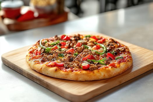 A freshly baked pizza features a golden crust topped with savory meat, green peppers, and colorful tomatoes. The dish is presented on a wooden platter in a cozy restaurant setting.