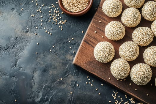 A wooden board showcases an array of round sesame balls, each coated in crunchy seeds. A small bowl nearby holds extra sesame seeds, enhancing the presentation.
