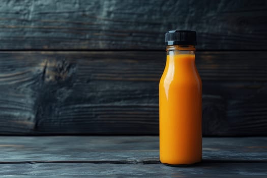A glass bottle filled with vibrant orange juice sits on a dark wooden table, creating a warm and inviting atmosphere, ideal for breakfast enjoyment.