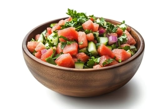 A vibrant salad featuring diced watermelon, cucumber, red onion, and fresh herbs neatly arranged in a wooden bowl, showcasing a refreshing summer dish perfect for warm days.