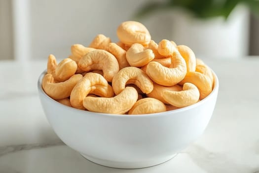 A large white bowl overflows with vibrant, crunchy cashew nuts, resting on a marble countertop illuminated by soft, natural light, creating an inviting atmosphere.