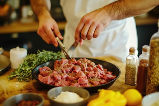 A chef skillfully trims and seasons fresh cuts of meat with various herbs and spices on a wooden countertop in a cozy kitchen.
