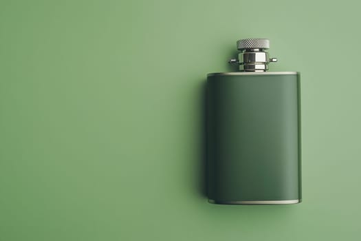 A stylish green metal flask is placed on a matching green surface, embodying a modern design that's ideal for carrying beverages on outdoor excursions or casual meetups.
