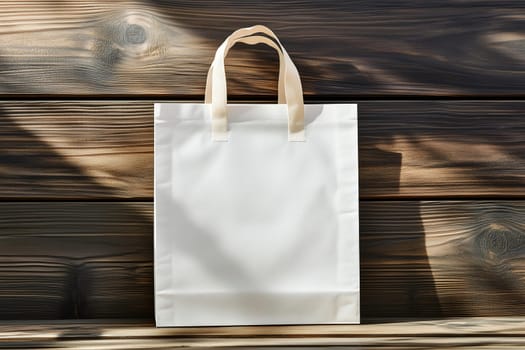 A plain white reusable shopping bag stands upright on a weathered wooden surface. Soft natural light casts subtle shadows, highlighting its design.
