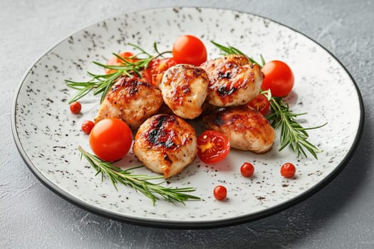 A plate displays beautifully grilled chicken patties garnished with vibrant cherry tomatoes and fresh rosemary, creating a colorful and appetizing dish.