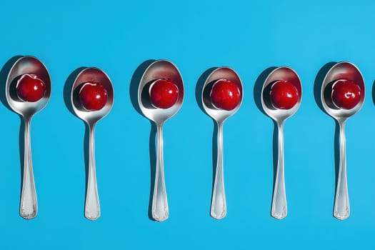 A row of five silver spoons displays vivid red cherries topped with whipped cream, creating a colorful contrast against a bright blue surface.