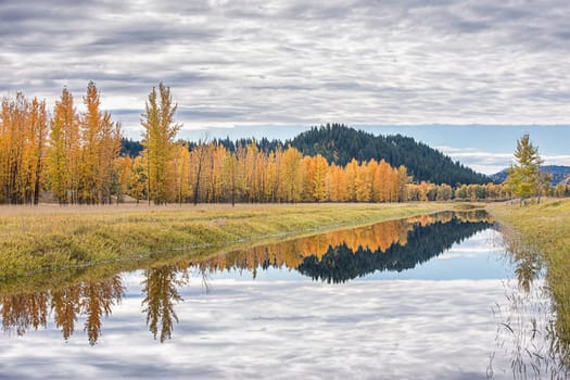 Calm water of the canal reflects the clouds in the sky on an autumn day near Bonners Ferry, Idaho.