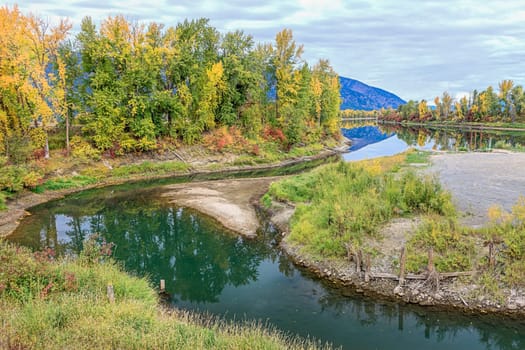 Pretty fall colors along the Kootenai River near Bonners Ferry, Idaho.