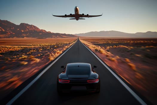 A breathtaking view featuring a sleek car on an empty desert road, with an airplane soaring above against a stunning sunset landscape. Ideal for travel themes.