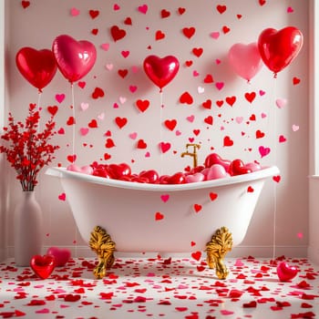 A bathtub full of heart-shaped balloons and confetti; Valentine's Day atmosphere.