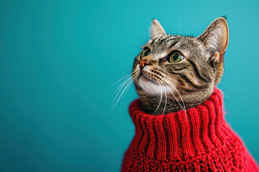 A charming cat wearing a bright red sweater, captured in a close-up. The vibrant background enhances the pet's adorable features, showcasing its playful personality.